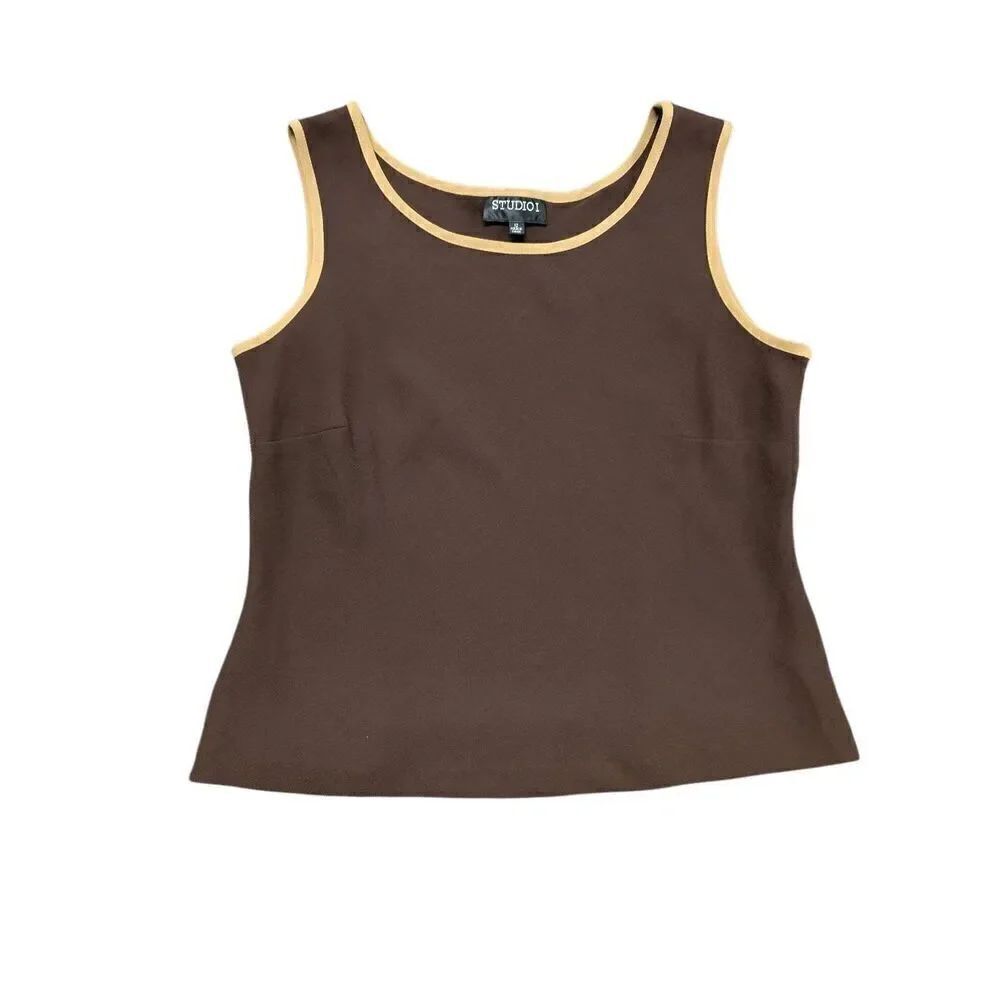 Studio I Havana Brown Tank Top w Cream Round Neckline Women's 12